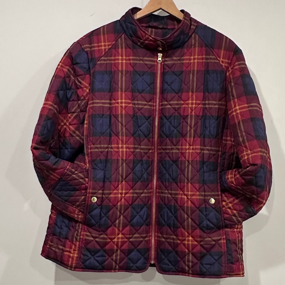 Burgundy, Blue & Yellow Plaid Quilted Jacket w Zipper Closure Mock Neck Collar - Picture 10 of 11